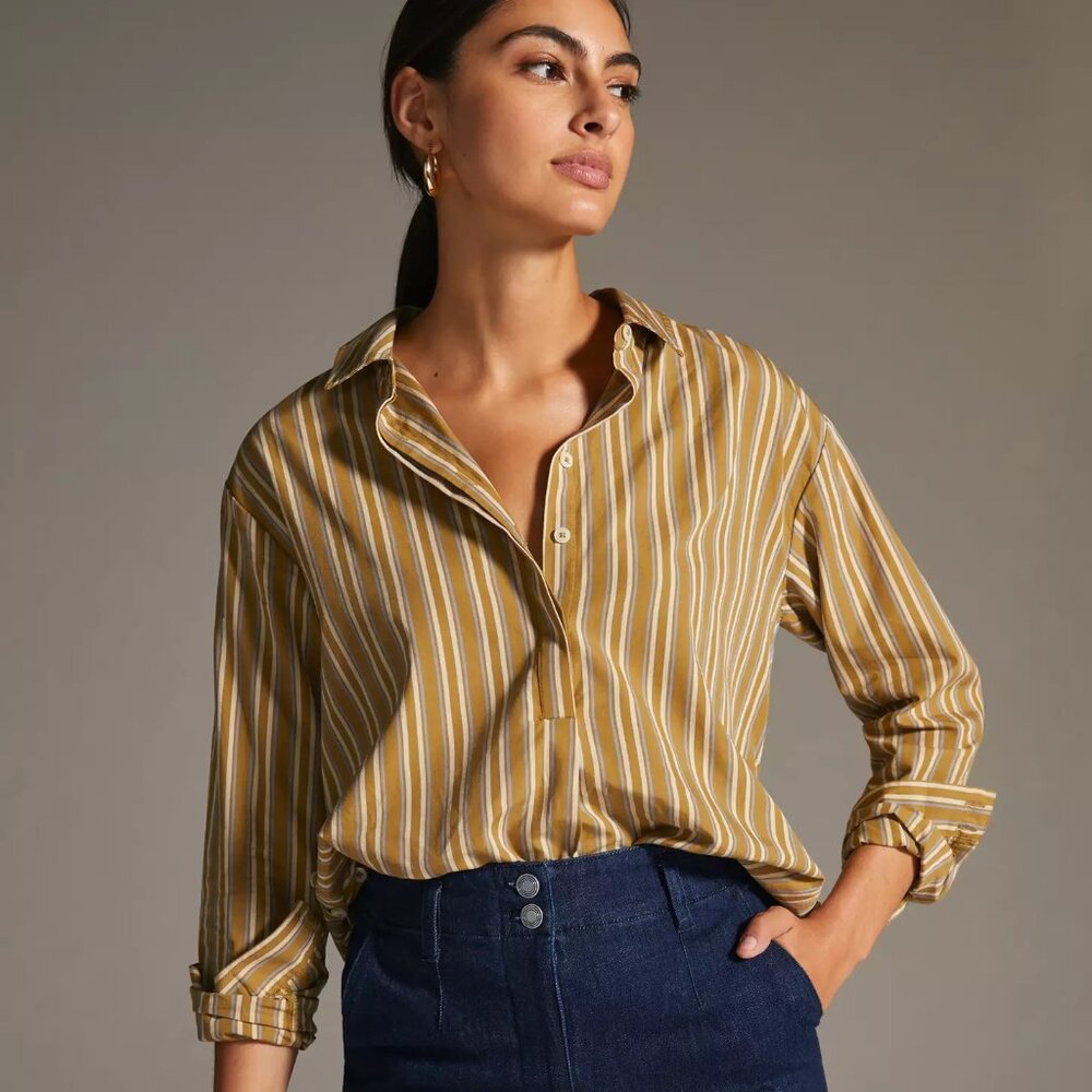 By Anthropologie Olive Green Blue Striped Side-Button Tunic Blouse Size Medium